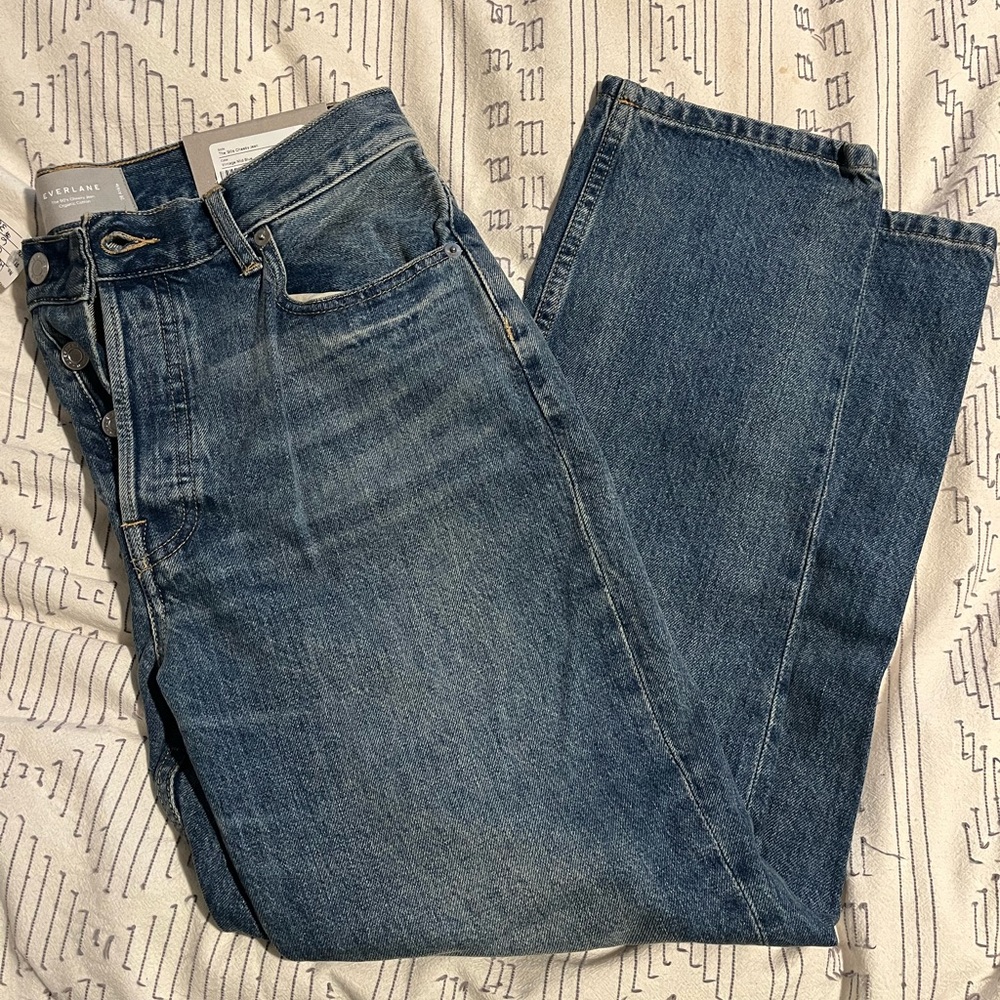 Everlane High-Rise Straight Jeans in Medium Blue Denim